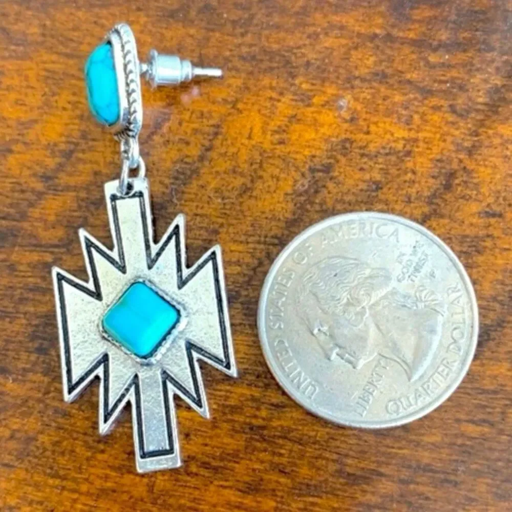 Thunderbird Drop Earrings Silver Tone Faux Turquoise Stone